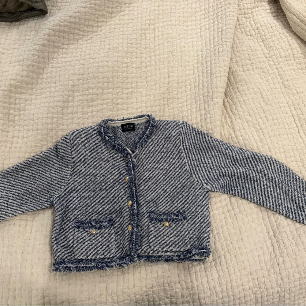 J. Crew Navy and White Cropped Tweed Cardigan